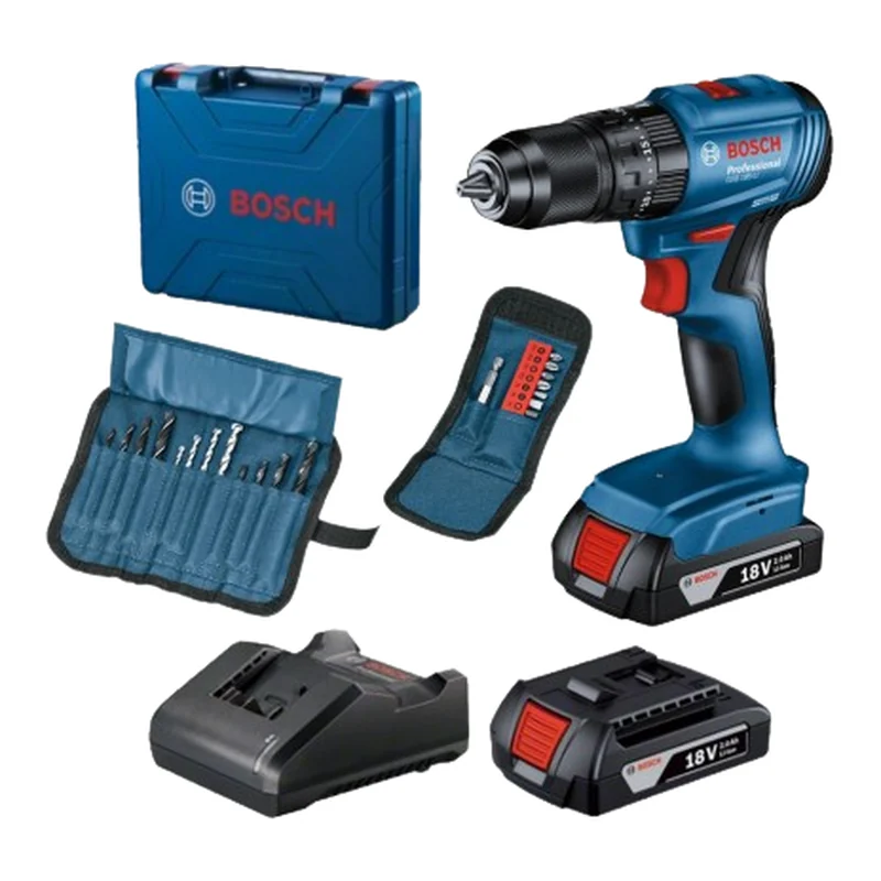 สว่านกระแทกไร้สาย 4 หุน 18V BOSCH รุ่น GSB 185-LI Brushless Motor แบต 2 ก้อน 2.0 Ah + แท่นชาร์จ + กล่องเครื่องมือ + อุปกรณ์เสริม 23 ชิ้น ราคา ฿5,480