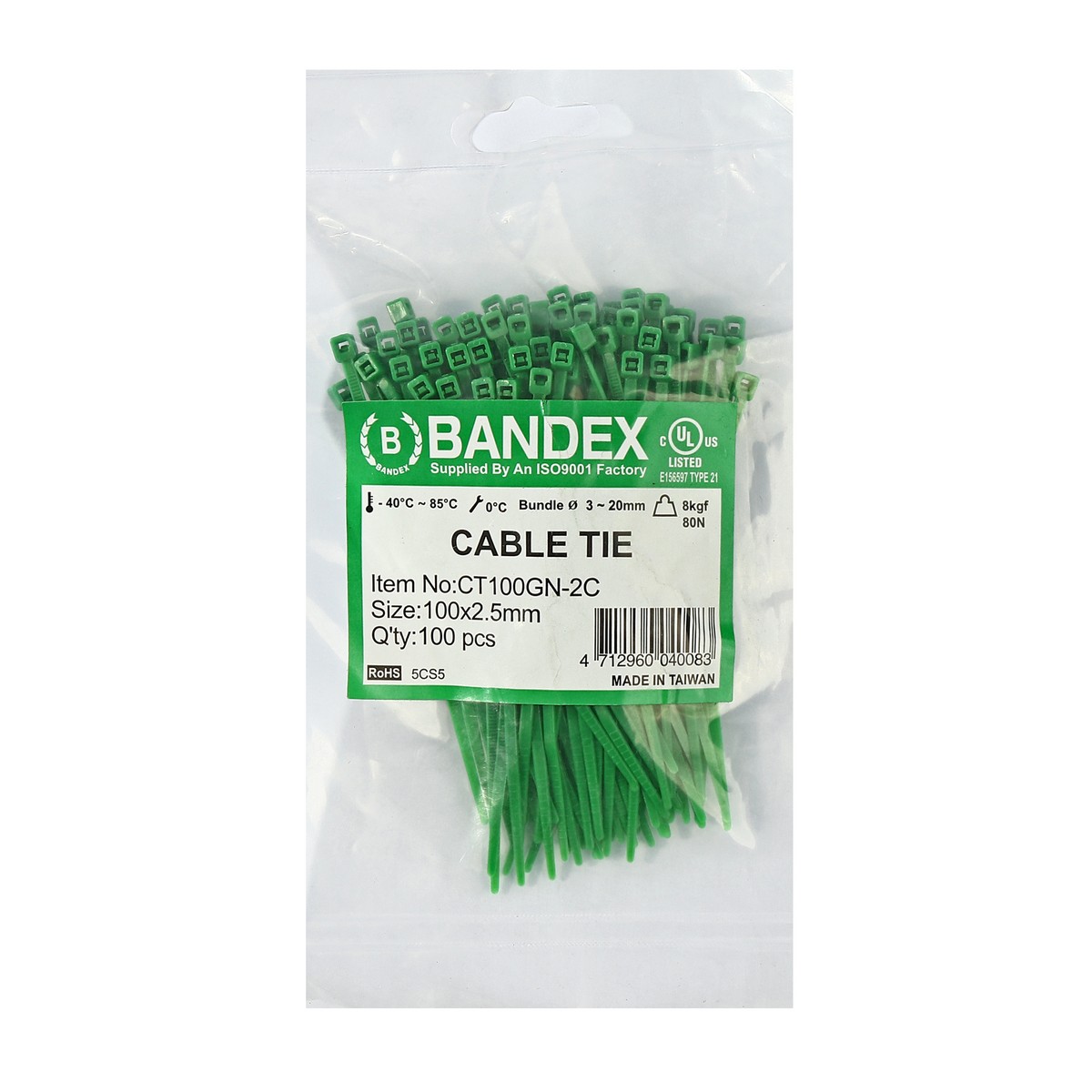 เคเบิ้ลไทร์ 4" เขียว(100 เส้น) CT100GN-2C BANDEX รุ่น 0310 ราคา ฿25.8
