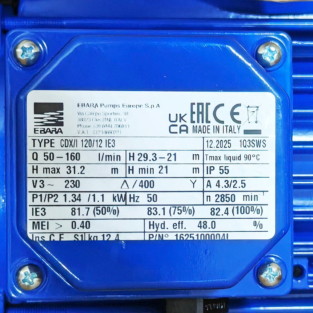 ปั๊ม SS304 ใบพัดเดี่ยว 3 สาย EBARA รุ่น CDX-120/12 รูปที่ 4