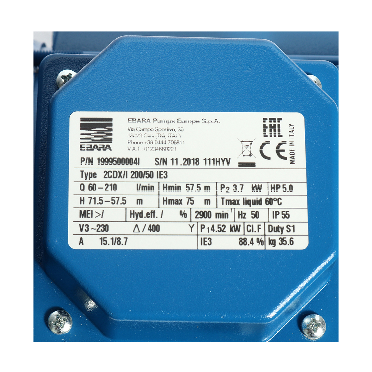 ปั๊ม SS304 ใบพัดคู่ 3 สาย EBARA รุ่น 2CDX-200/50 รูปที่ 3