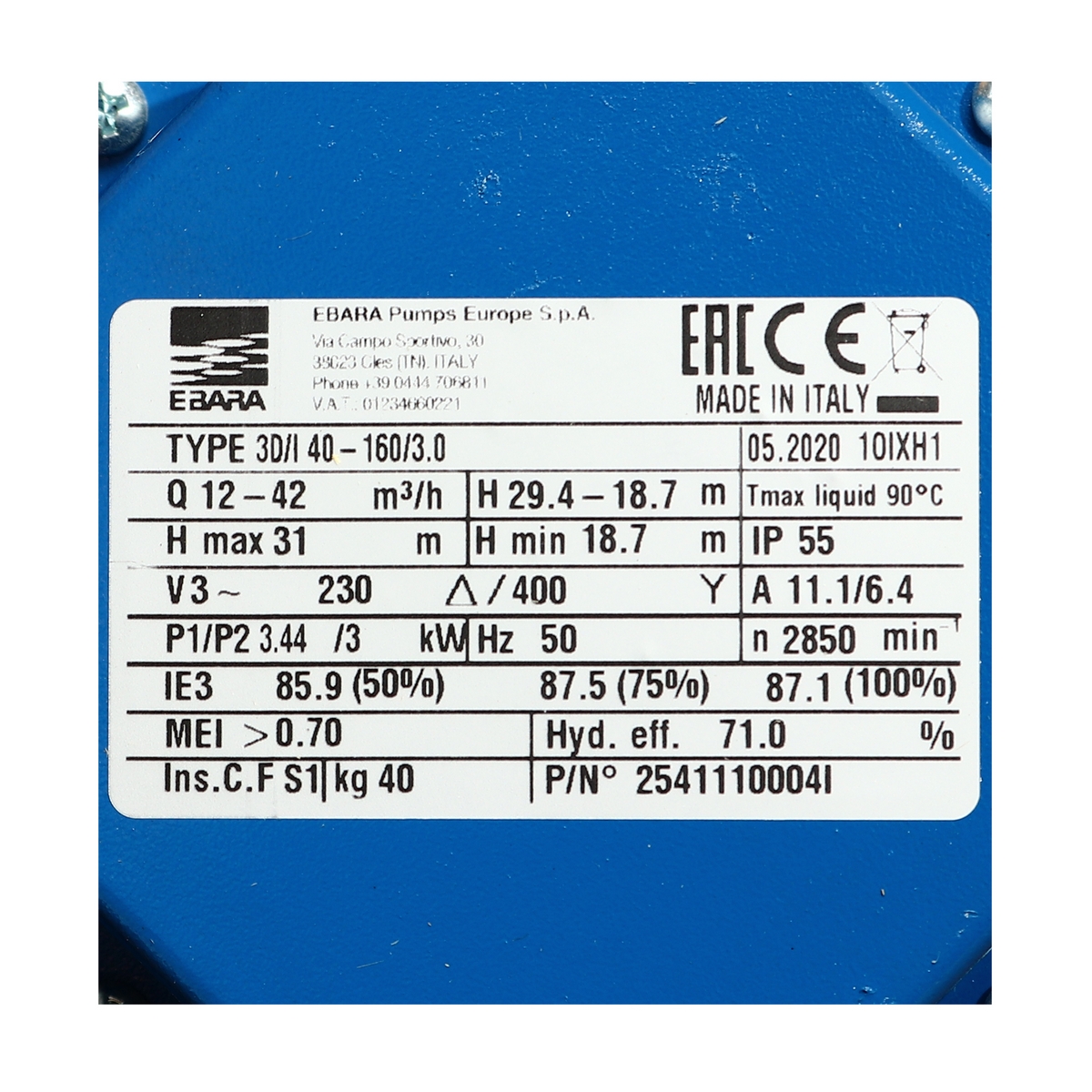 ปั๊มเหล็กหล่อ - 3 สาย EBARA รุ่น 3D 40-160/3.0 รูปที่ 5