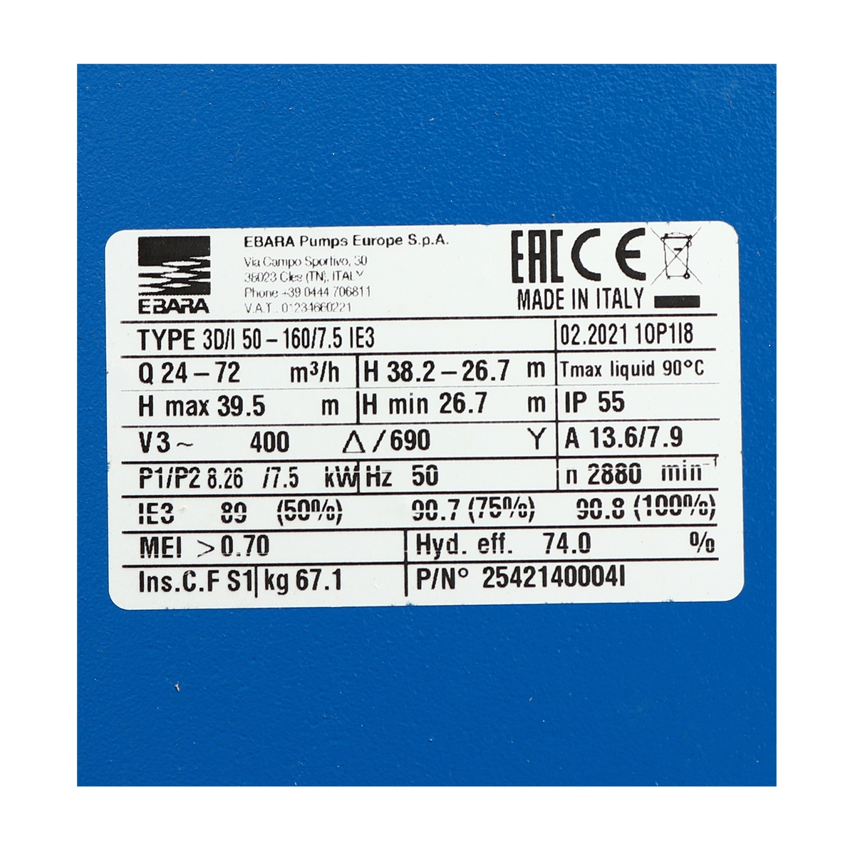 ปั๊มเหล็กหล่อ - 3 สาย EBARA รุ่น 3D 50-160/7.5 รูปที่ 5