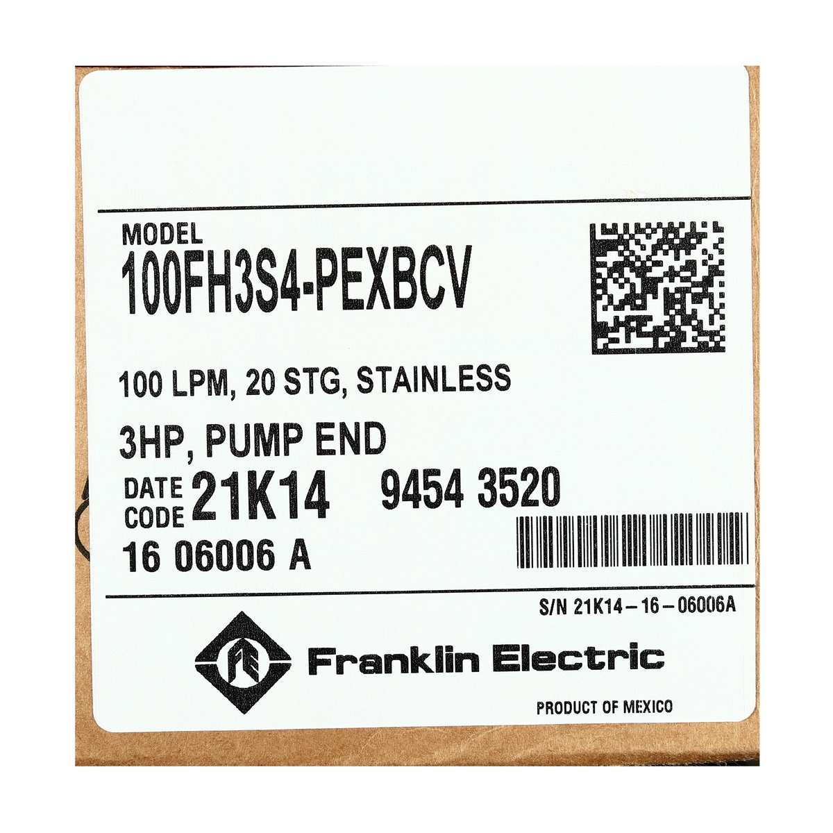 เฉพาะปั๊ม3HPL4D35X20 2"(100FH3S4-PEXBCV) FRANKLIN รูปที่ 4
