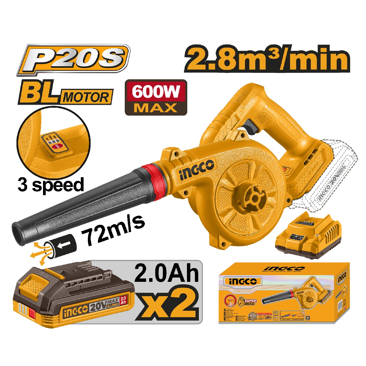 เครื่องเป่าลม ปรับรอบ ชุดแบต 2.0AH*2 20V INGCO รุ่น CABLI20682 ราคา ฿2,095.2