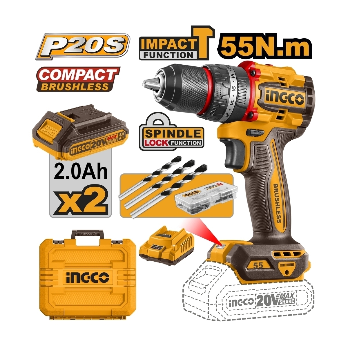 สว่านกระแทก- 55N.M ชุดแบต 2.0AH*2 20V-BL INGCO รุ่น CIDLI20558 ราคา ฿2,444.4