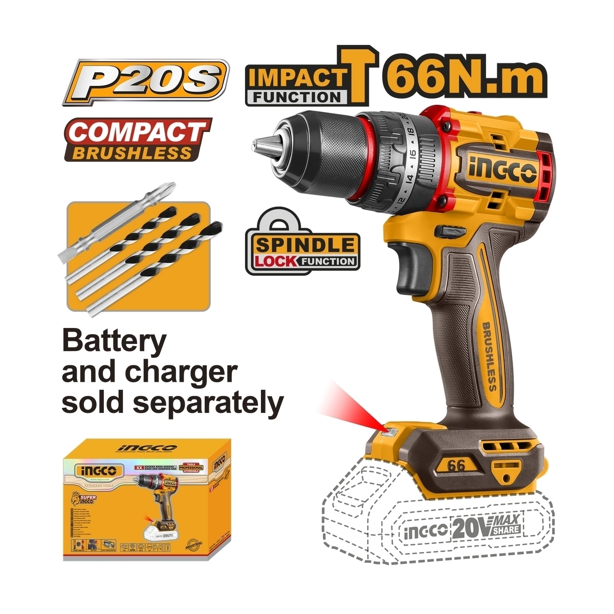 สว่านกระแทก - 66N.M -เครื่องเปล่า 20V-BL INGCO รุ่น CIDLI206681 ราคา ฿1,396.8