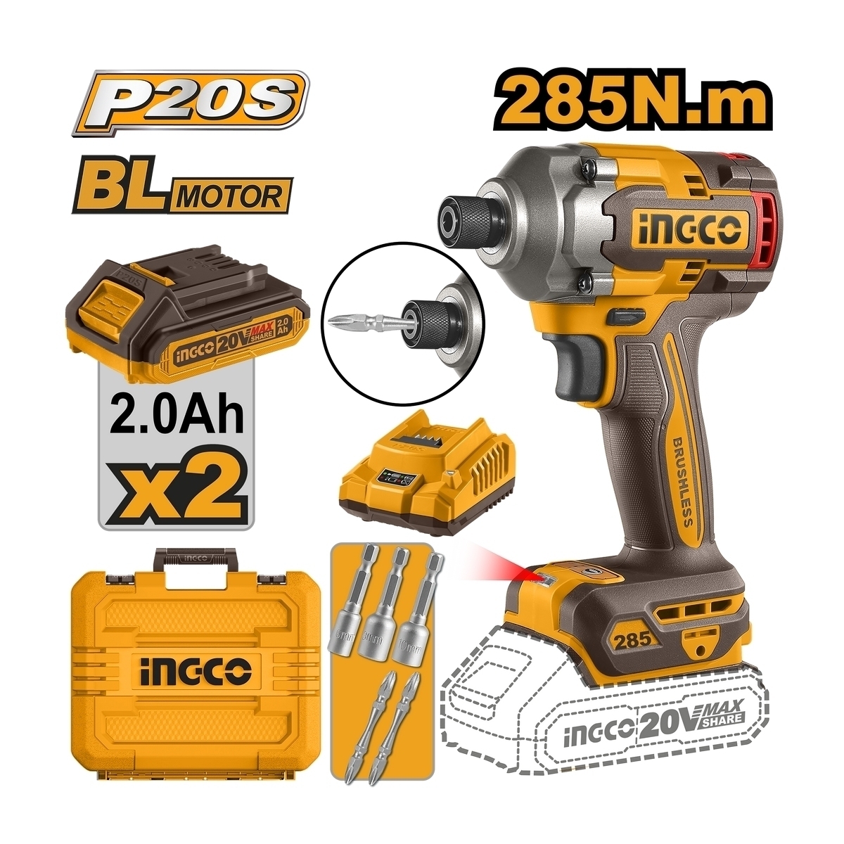 สว่านไขควงกระแทก 285N.M- ชุด 2.0AH*2 20V-BL INGCO รุ่น CIRLI2028 ราคา ฿3,026.4