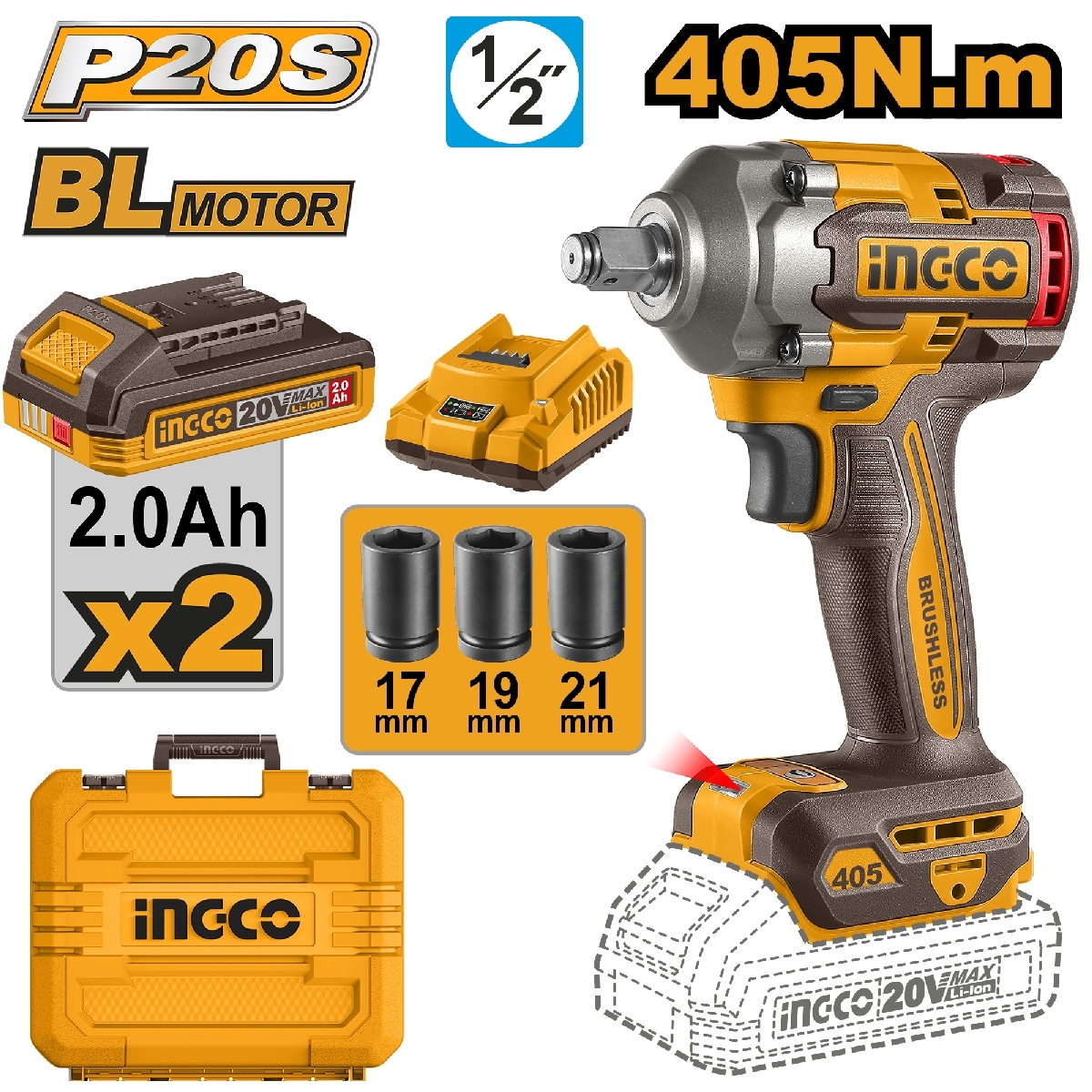 บล็อกไร้สาย 405N.M-ชุดแบต 2.0AH*2 20V-BL INGCO รุ่น CIWLI2045 ราคา ฿2,910