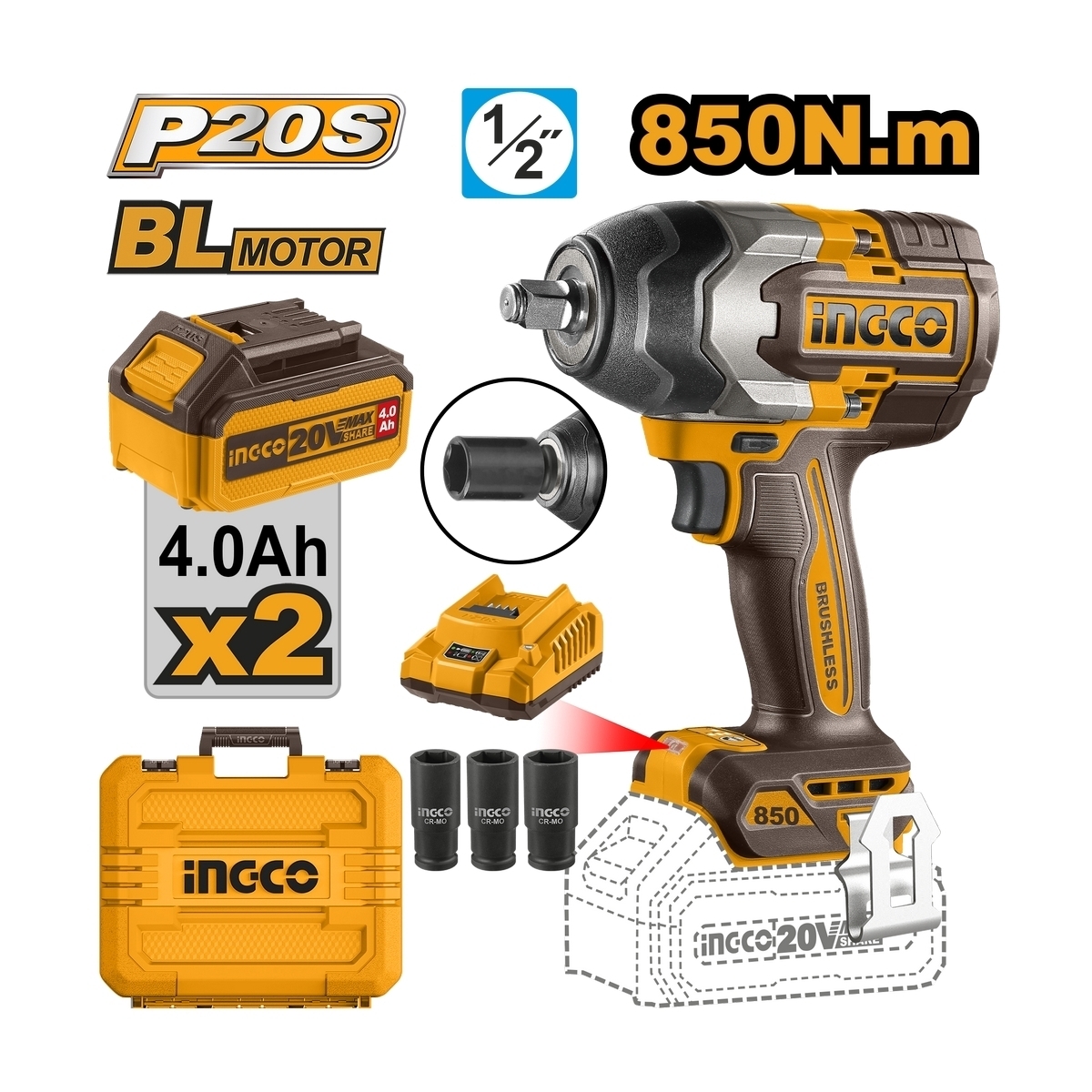 บล็อกไร้สาย 850N.M-ชุดแบต 4.0AH*2 20V-BL INGCO รุ่น CIWLI2085 รูปที่ 2