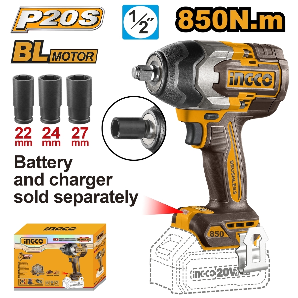 บล็อกไร้สาย 850N.M-เครื่องเปล่า 20V-BL INGCO รุ่น CIWLI20851 ราคา ฿3,142.8