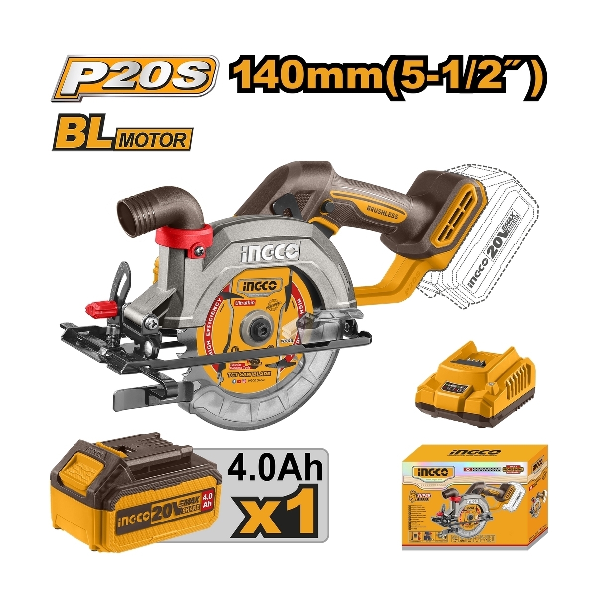 เลื่อยวงเดือน 5" 140MM-ชุด 4.0AH*1 20V-BL INGCO รุ่น CSLI14021 ราคา ฿2,793.6