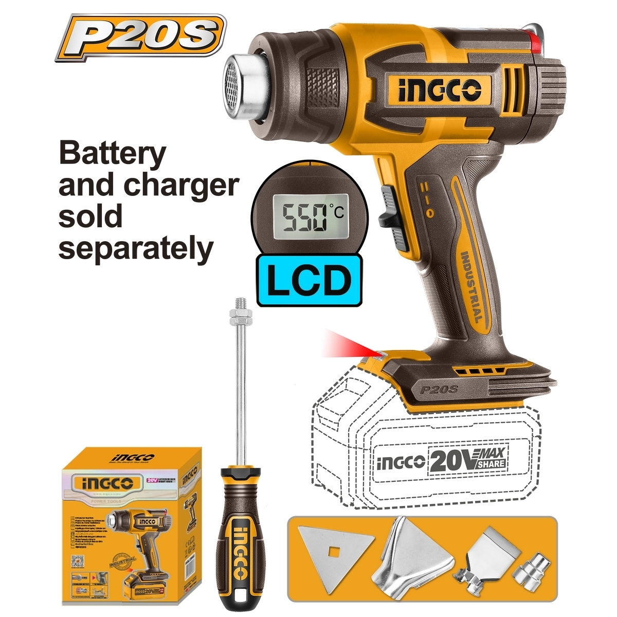 ปืนเป่าลมร้อน DIGITAL -เครื่องเปล่า 20V INGCO รุ่น HGLI2003 ราคา ฿1,338.6