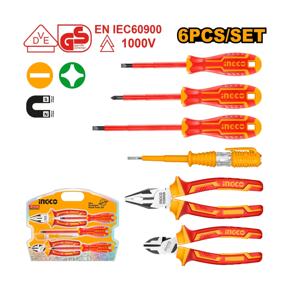 ชุดเครื่องมือ VDE หุ้มฉนวนกันไฟฟ้า 6 ชิ้น INGCO รุ่น HKIST3061 ราคา ฿523.8