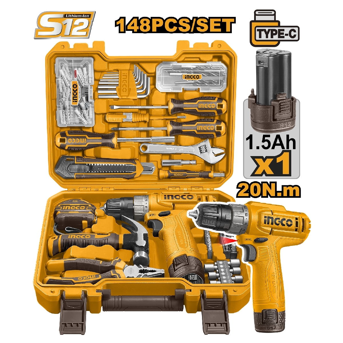 ชุดสว่านไร้สาย+เครื่องมือช่าง 148 ชิ้น 12V INGCO รุ่น HKTHP41482 ราคา ฿1,455