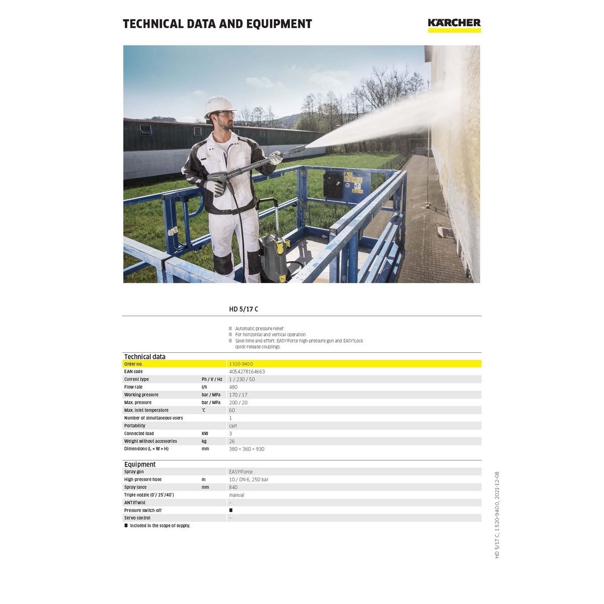 เครื่องฉีดน้ำแรงดันสูง-ปืนใหม่ KARCHER รุ่น HD 5/17C ราคา ฿43,740