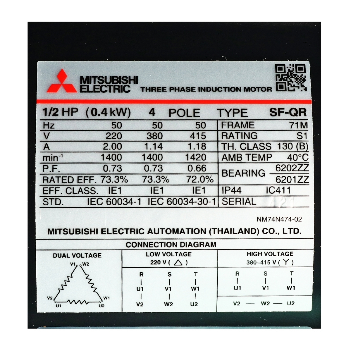 มอเตอร์ 1/2HP IP-44 220/380V 4P SF-QR MITSUBISHI รูปที่ 4