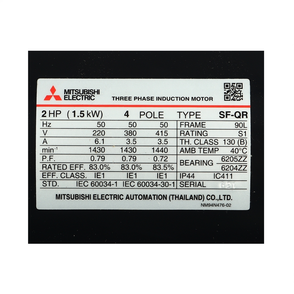 มอเตอร์ 2 HP IP-44 220/380V 4P SF-QR MITSUBISHI รูปที่ 4