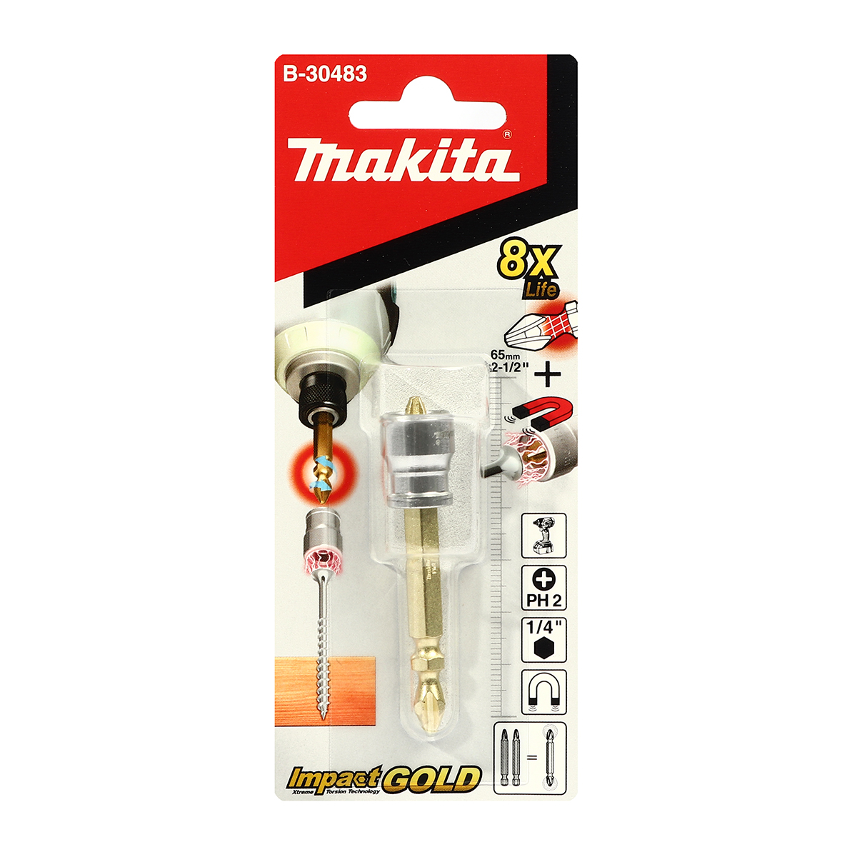 ดอกไขควง+2X65 พร้อมปลอกแม่เหล็ก B-30483 MAKITA รุ่น 000587 ราคา ฿244.11