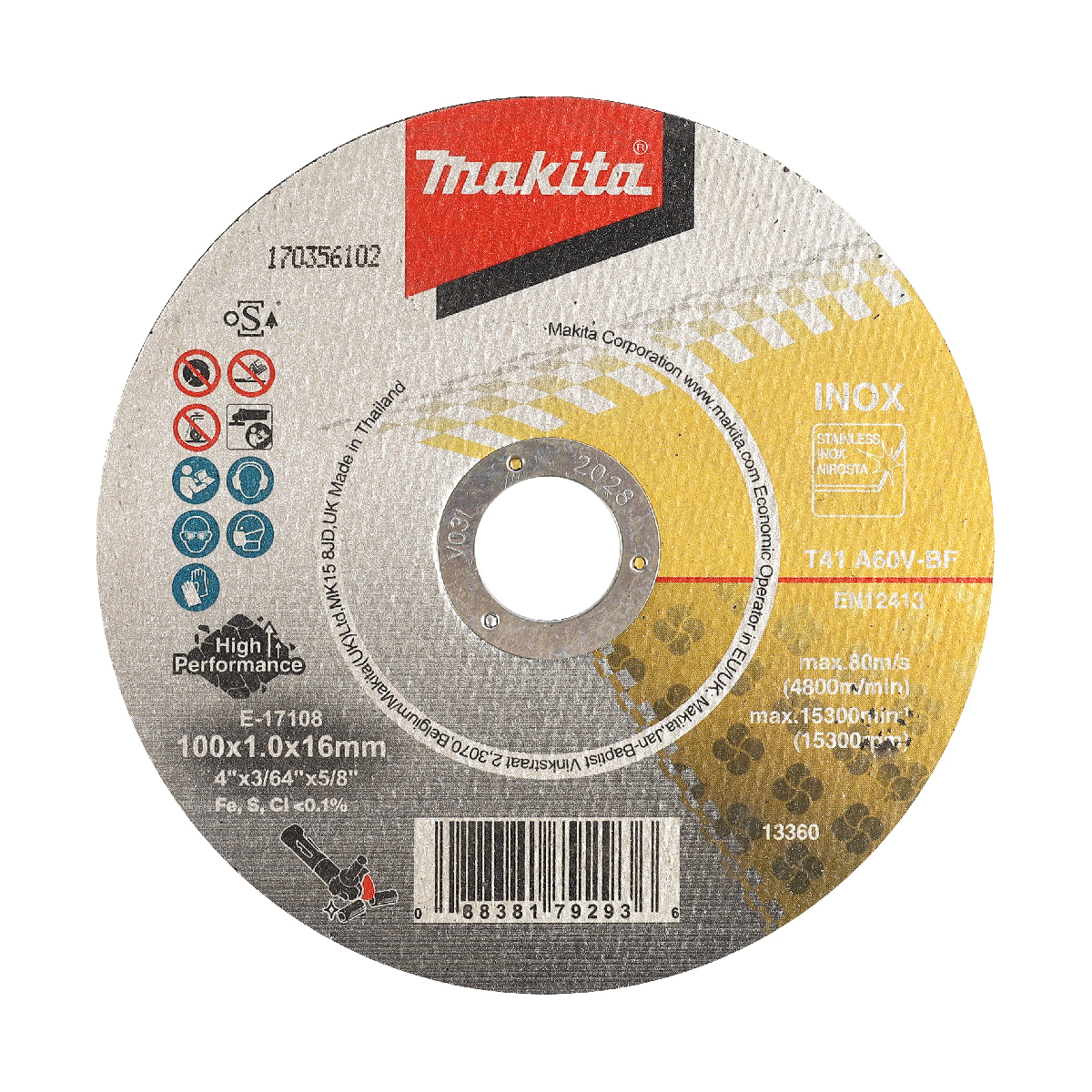 แผ่นตัด 4"X1 มม. A60V -LONG LIFE MAKITA รุ่น E-17108 ราคา ฿36.3