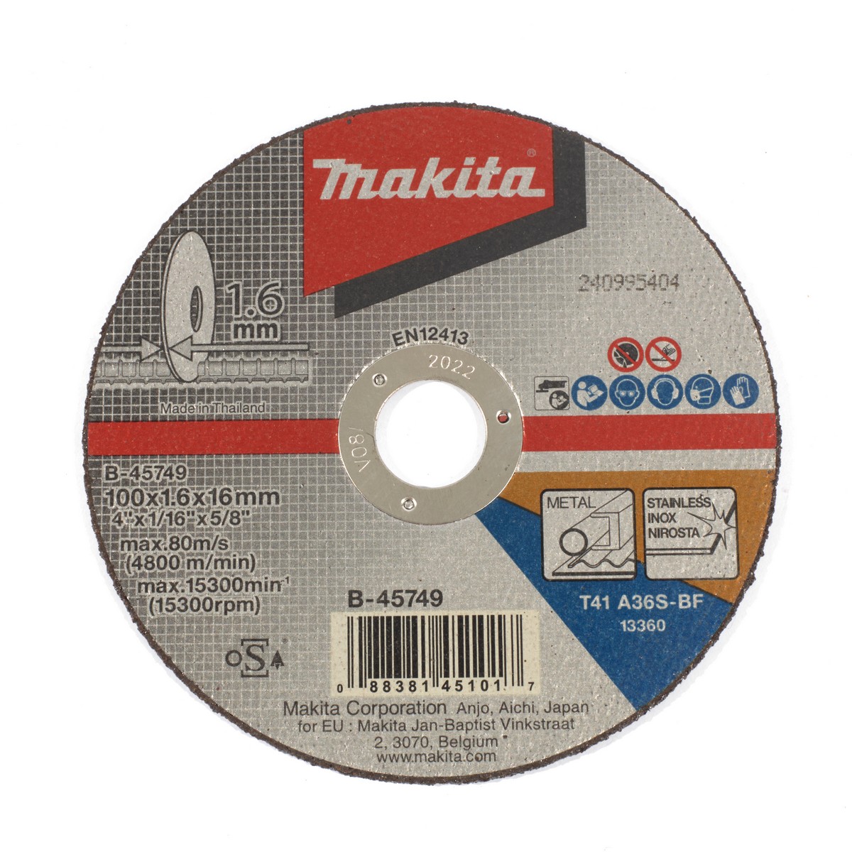 แผ่นตัด 4"X 1.6 มม. เหล็ก/SS MAKITA รุ่น B-45749 ราคา ฿23.1