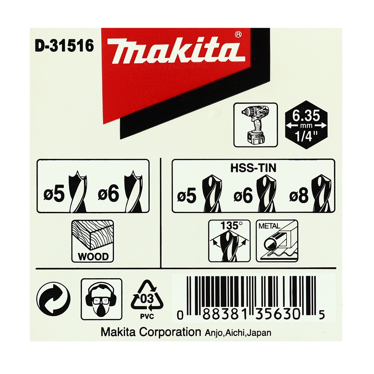 ชุดดอกเจาะ+ไม้หกเหลี่ยม 5 ดอก/ชุด(D-31516) MAKITA รุ่น 007990 รูปที่ 3