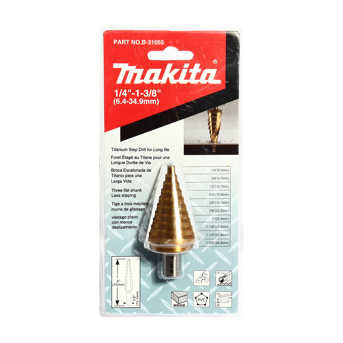 ดอก STEP DRILL 1/4" - 1-3/8" ร่องตรง TI-N MAKITA รุ่น B-31055 ราคา ฿1,830.31