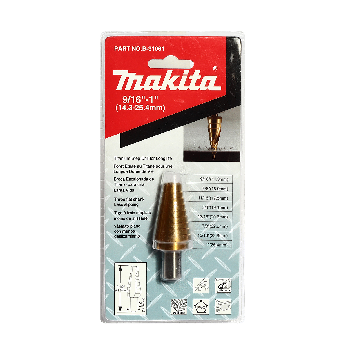 ดอก STEP DRILL 9/16" - 1" ร่องตรง TI-N MAKITA รุ่น B-31061 ราคา ฿1,073.26