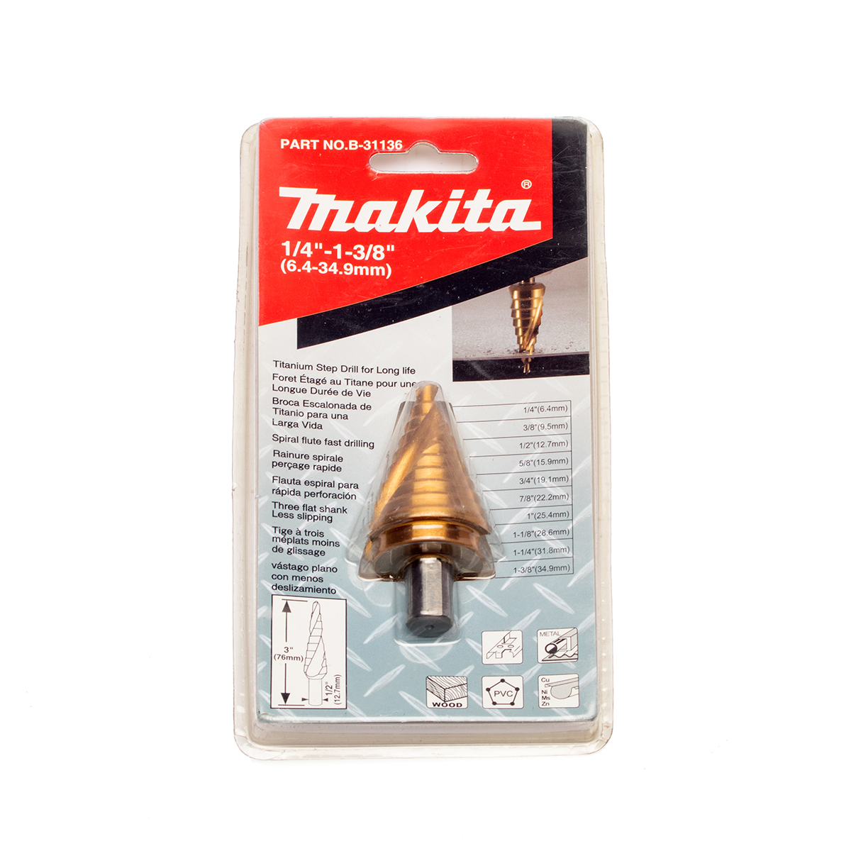 ดอก STEP DRILL 1/4" - 1-3/8" เกลียว TI-N MAKITA รุ่น B-31136 ราคา ฿2,404.02
