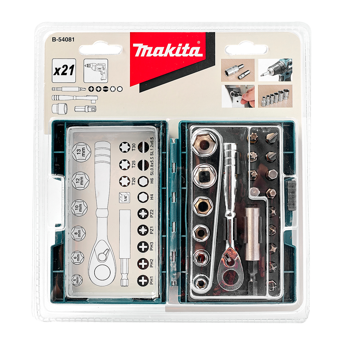 ชุดก๊อกแก๊ก 1/4"+ดอกไขควง 21 PCS MAKITA รุ่น B-54081 ราคา ฿1,107.25