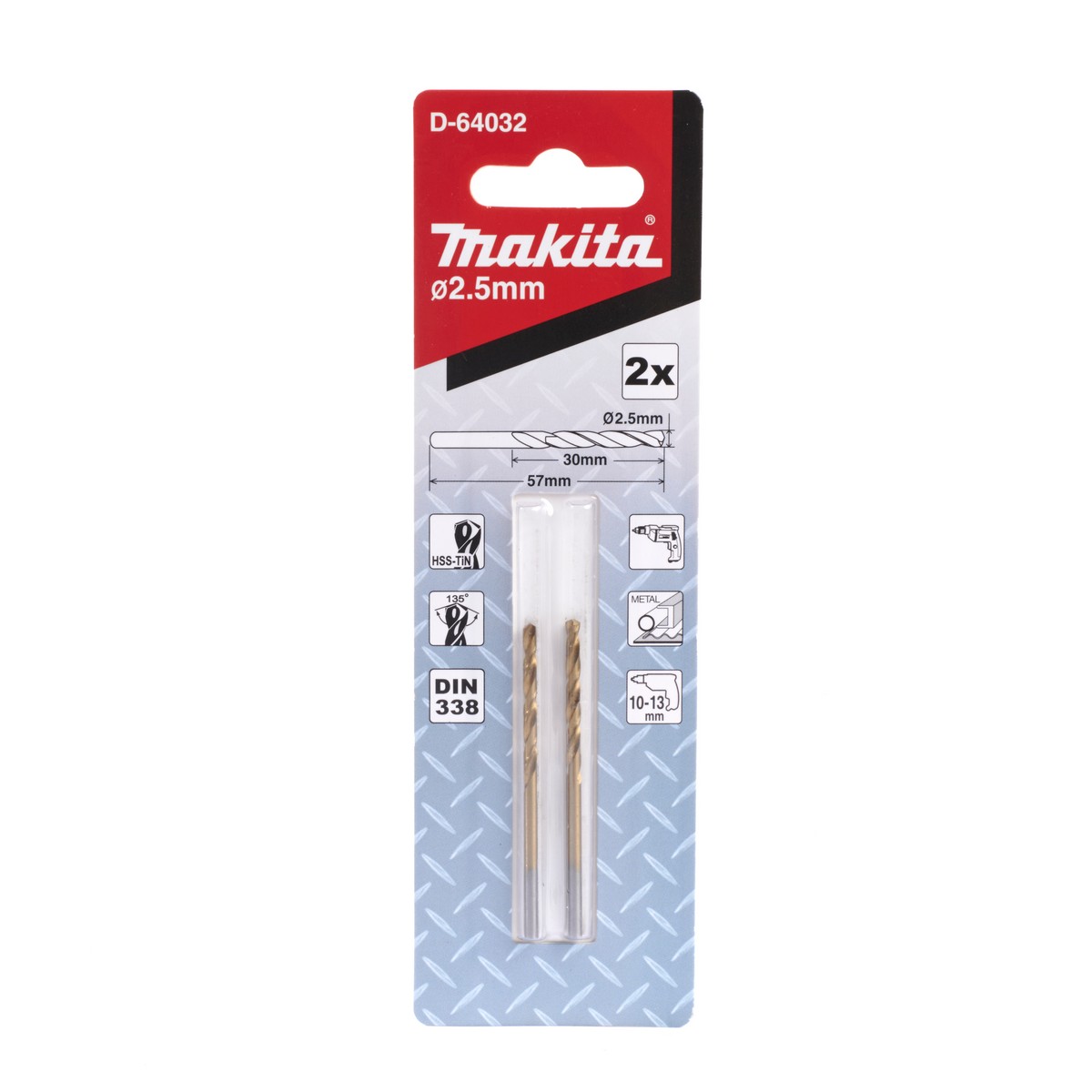 ดอก HSS-TIN สีทอง 2.5X57(2PCS/SET) MAKITA รุ่น D-64032 ราคา ฿23.69