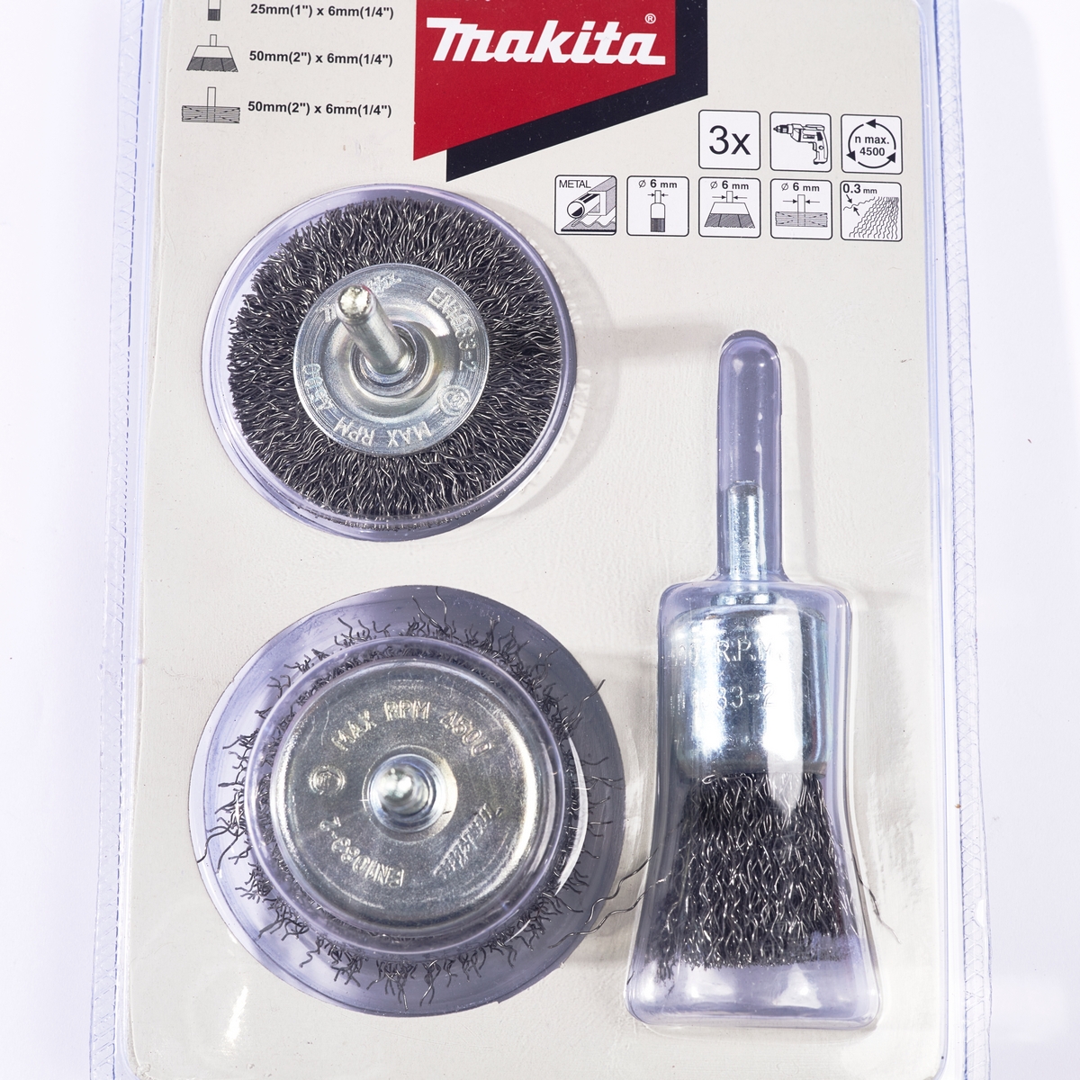 ชุดแปรงลวดแกน 3PCS(ถ้วย 25+50/ล้อ 50) MAKITA รุ่น D-66070 รูปที่ 2
