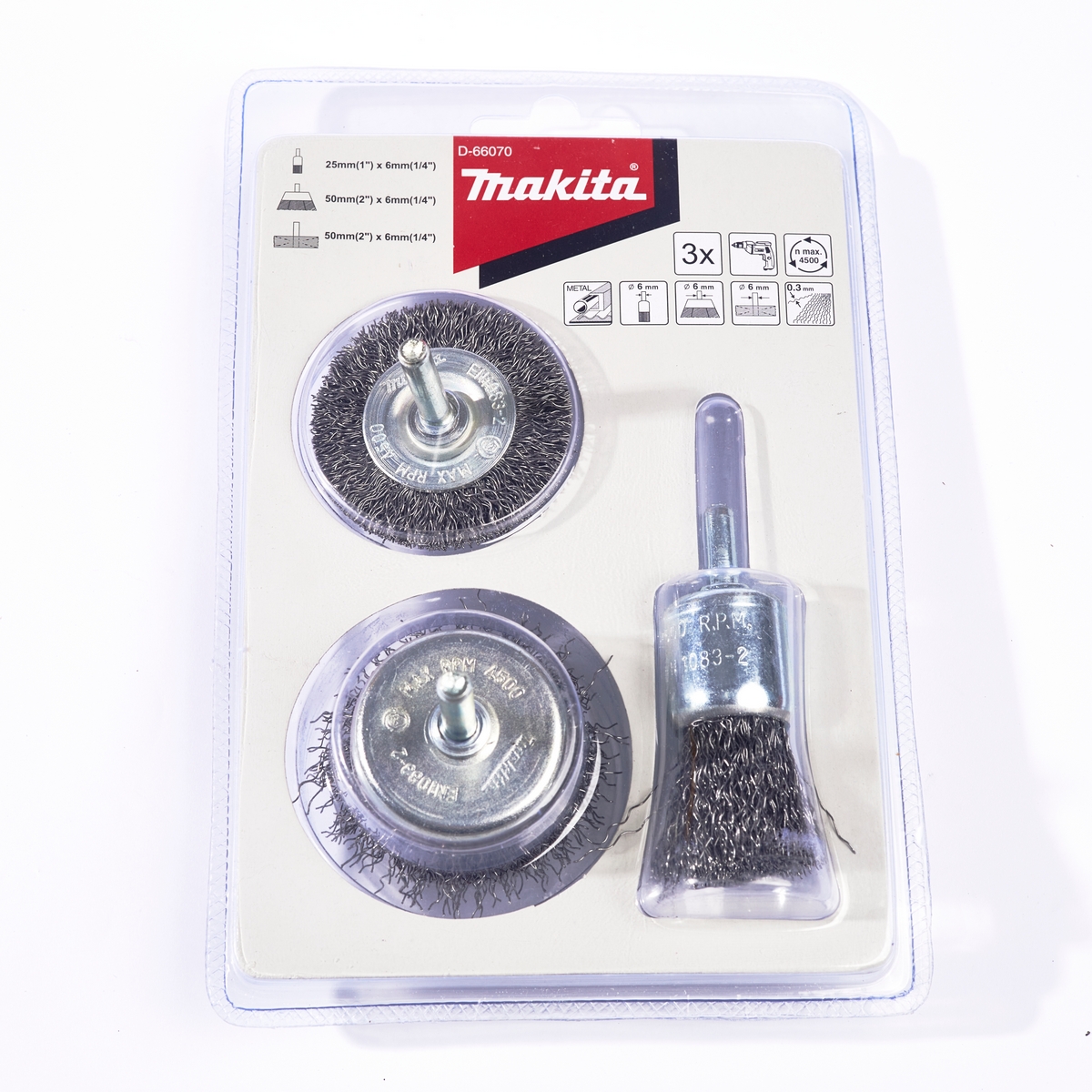 ชุดแปรงลวดแกน 3PCS(ถ้วย 25+50/ล้อ 50) MAKITA รุ่น D-66070 ราคา ฿140.08