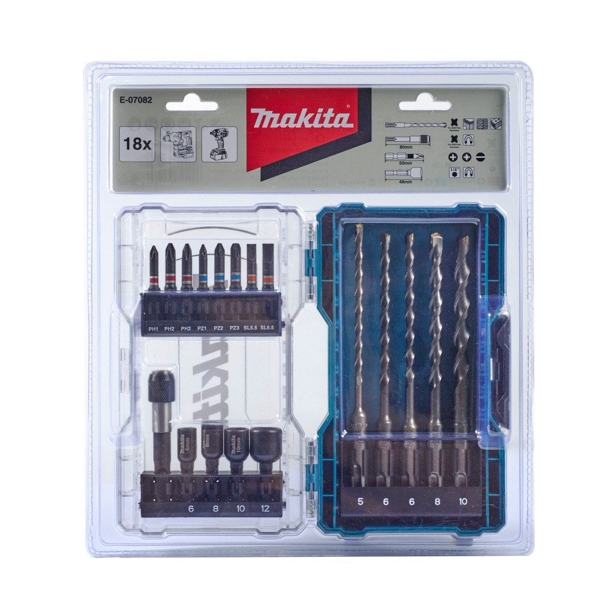ชุดดอกเจาะ SDS +ดอกไขควง(18 PCS)กล่องใส MAKITA รุ่น E-07082 ราคา ฿857.99