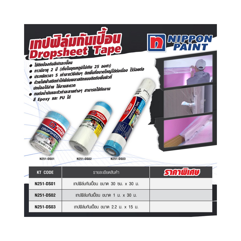 เทปฟิล์มกันเปื้อน ขนาด 1.1 ม. X 30 ม. NIPPON PAINT ราคา ฿145.2