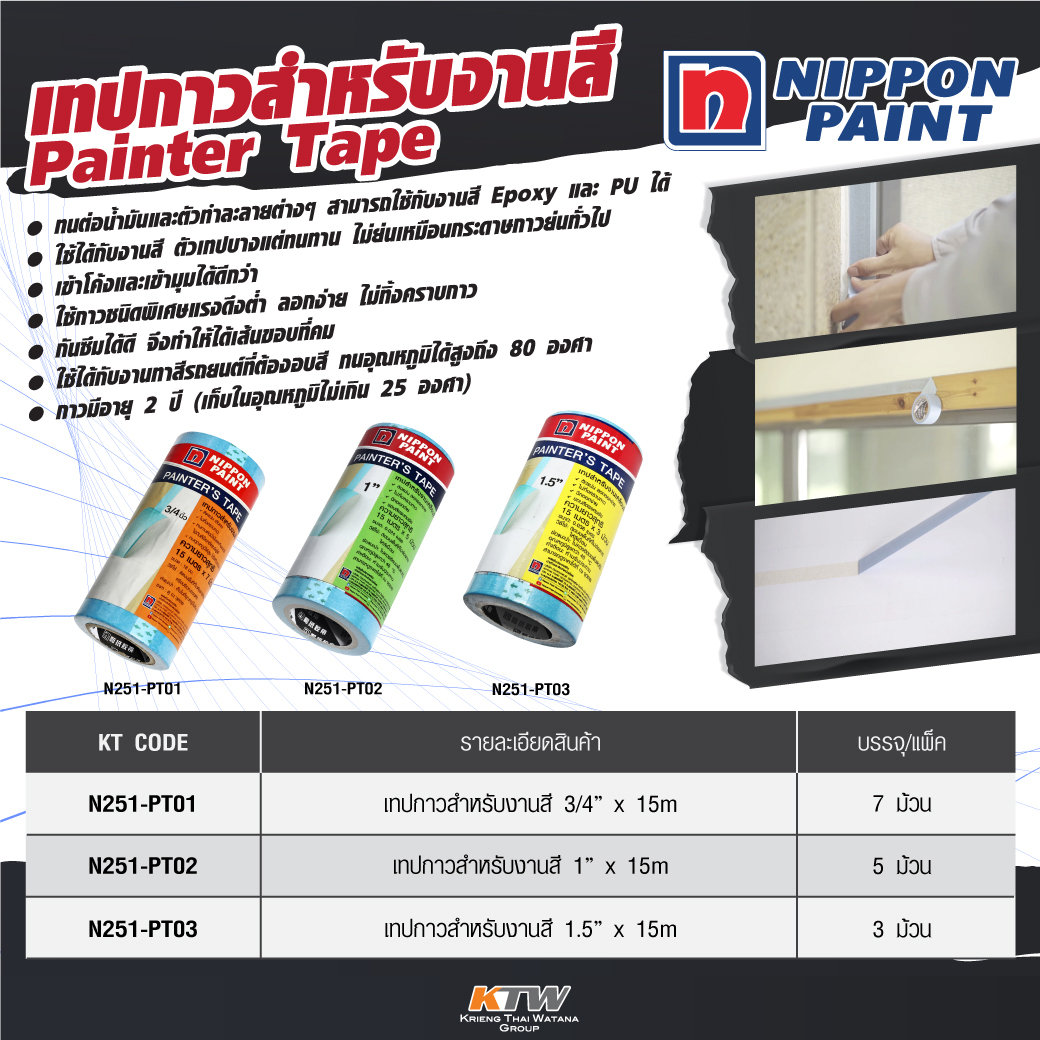 เทปกาวสำหรับงานสี 1"X15ม. (5ม้วน/แพ็ก) NIPPON PAINT รูปที่ 2