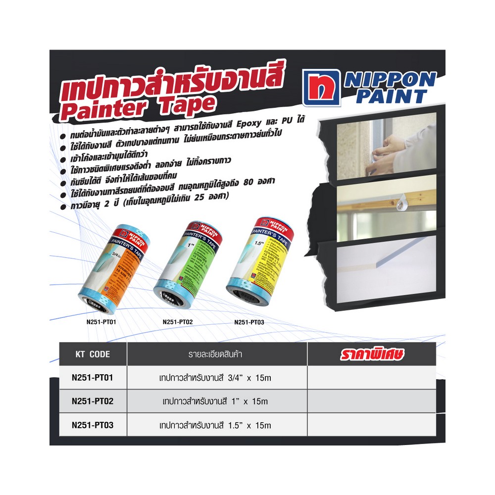 เทปกาวสำหรับงานสี 1.5"X15ม. (3ม้วน/แพ็ก) NIPPON PAINT ราคา ฿170.4