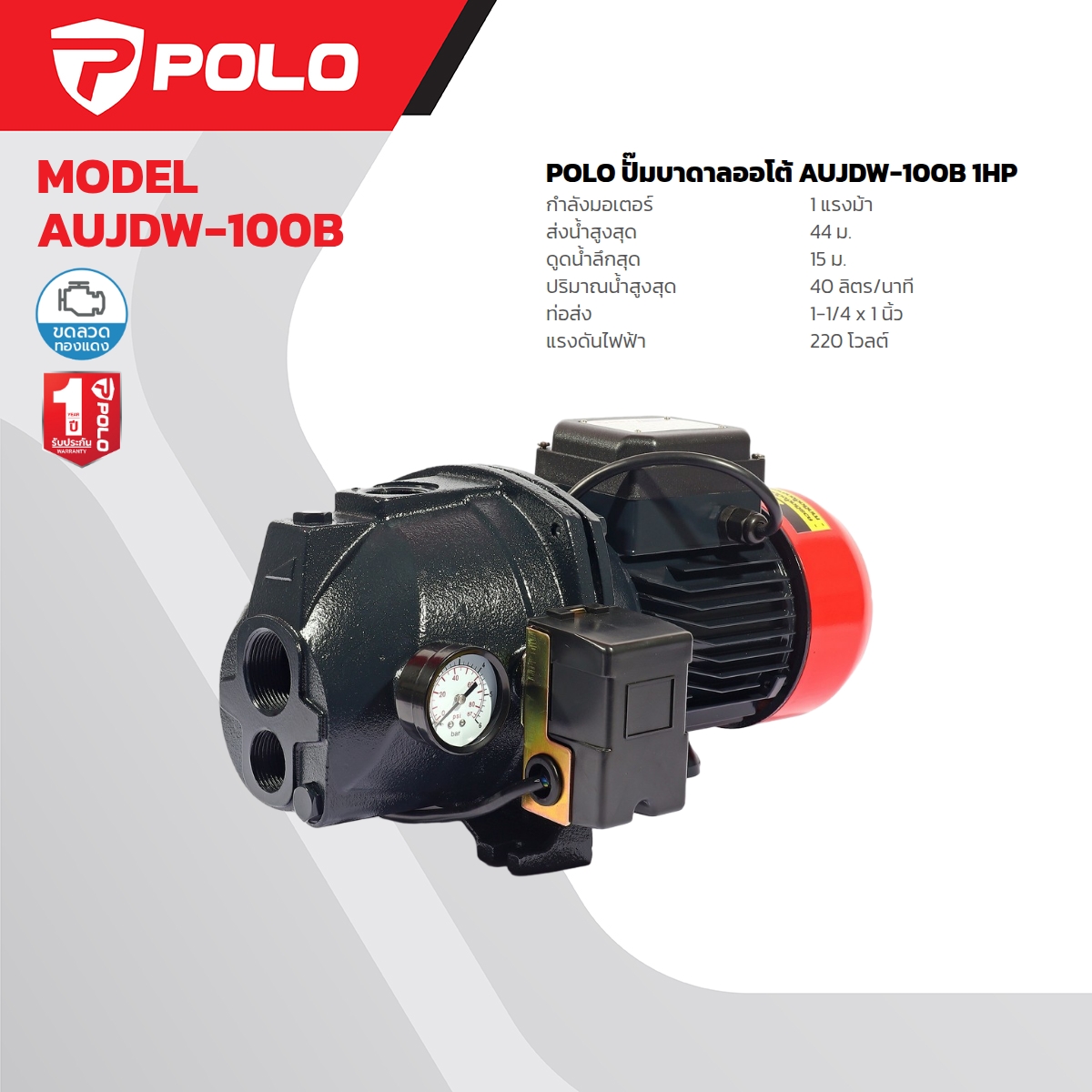 ปั๊มบาดาลออโต้ เจ็ทคู่ 1 HP POLO รุ่น AUJDW-100B ราคา ฿4,020