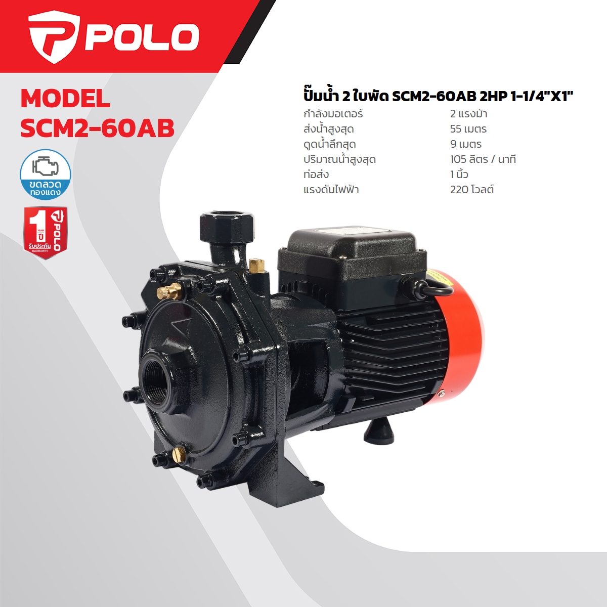 ปั๊มน้ำ 2ใบพัด 2 HP1-1/4" X 1" POLO รุ่น SCM2-60AB ราคา ฿5,850