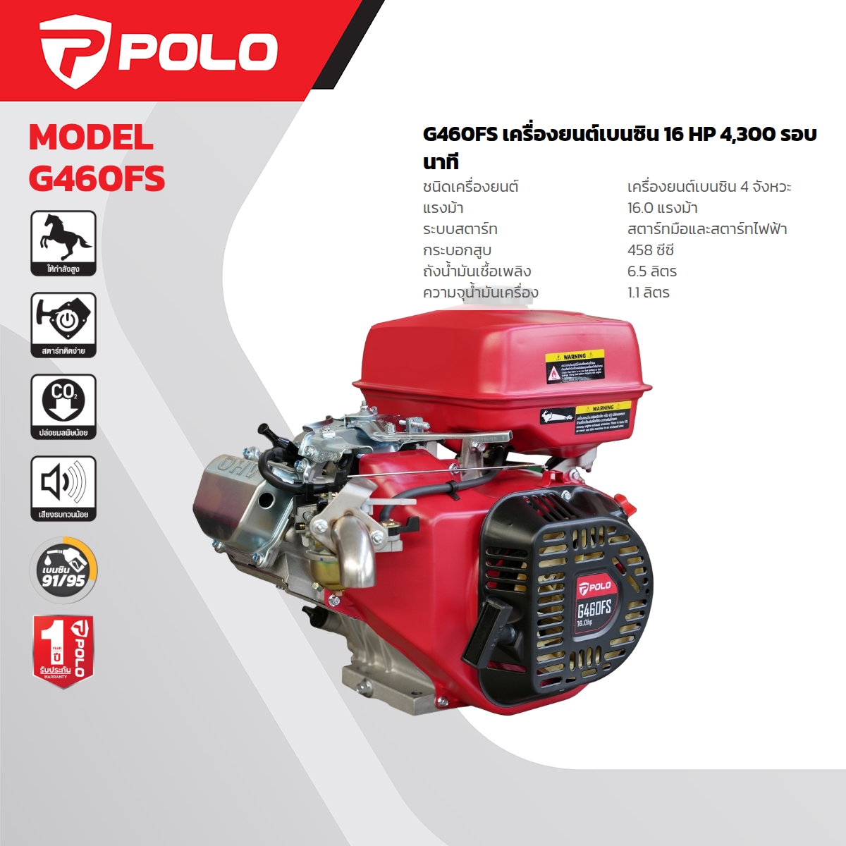 เครื่องยนต์เบนซิน 16HP รอบสูง POLO รุ่น G460FS ราคา ฿7,500