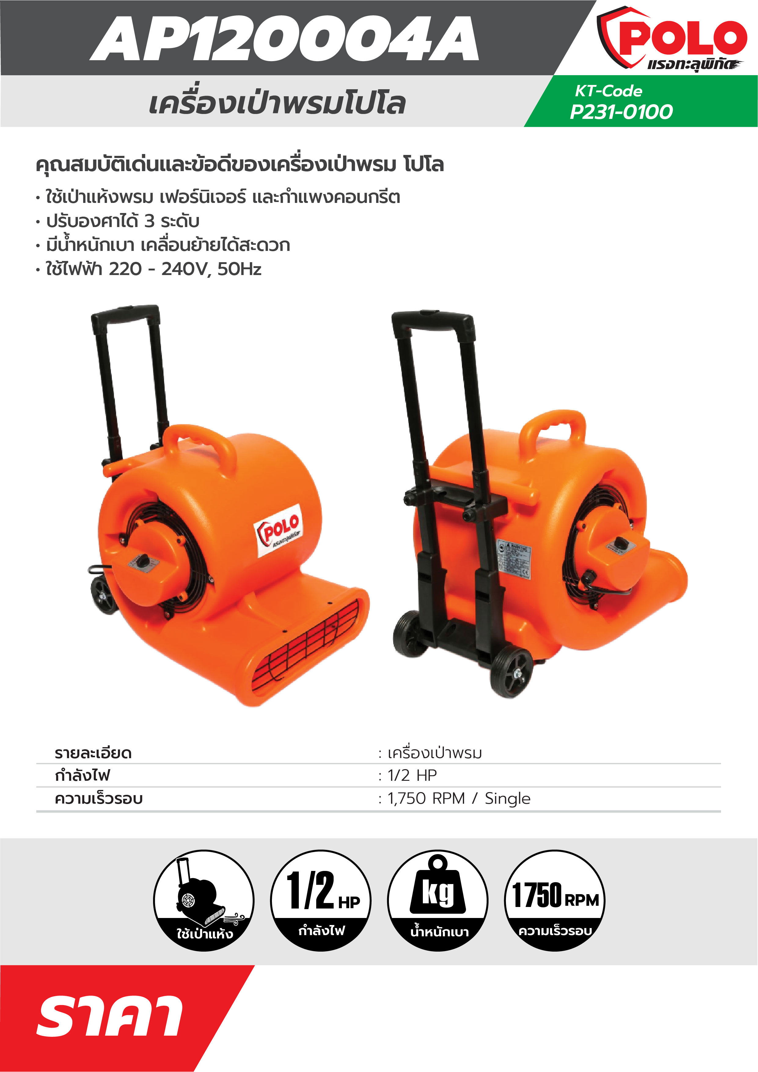 POLO Carpet/Floor Blower 9.3" 445W, Model 0100 price ฿5,508