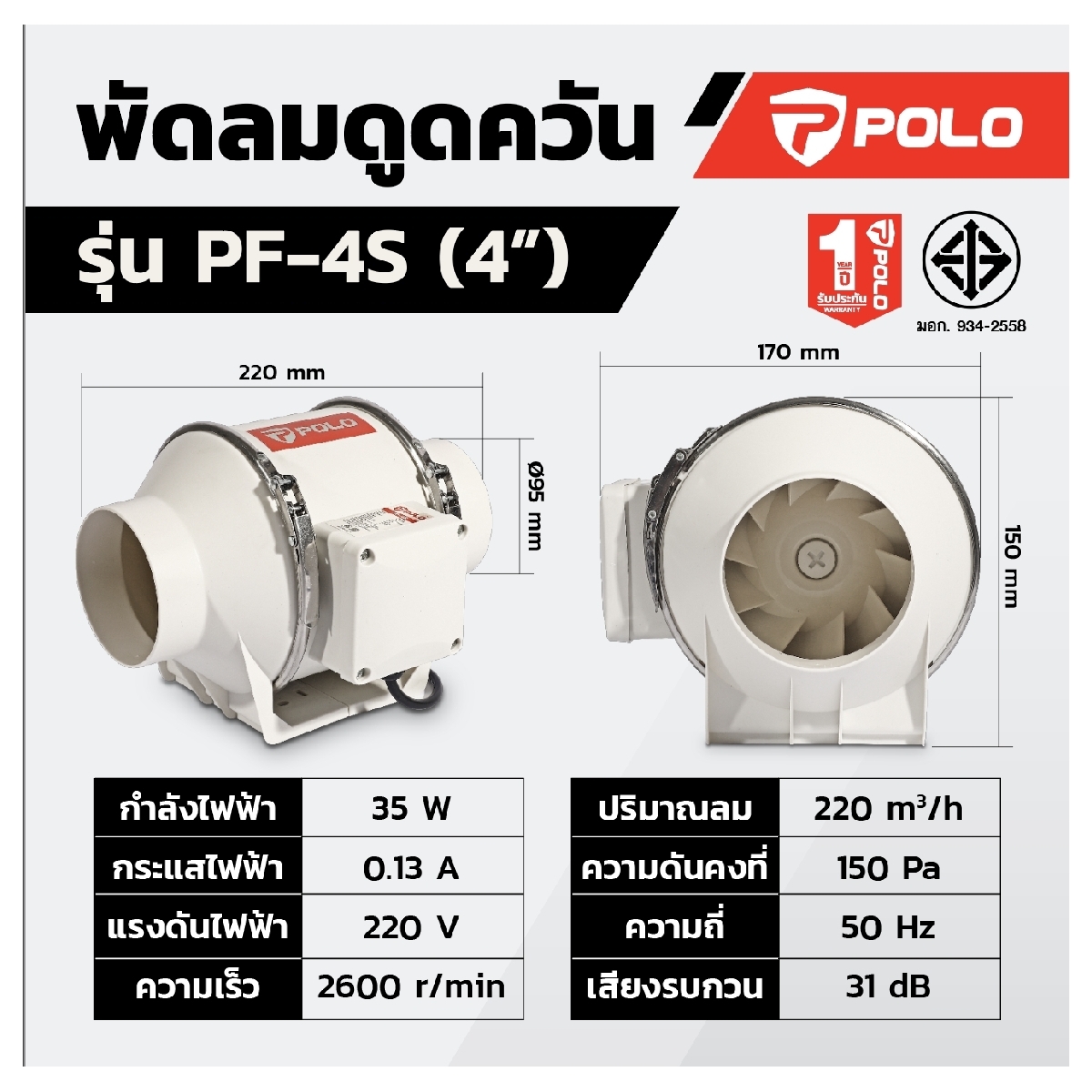 พัดลมดูดอากาศ เครื่องดูดควัน 4" POLO รุ่น PF4S ราคา ฿570