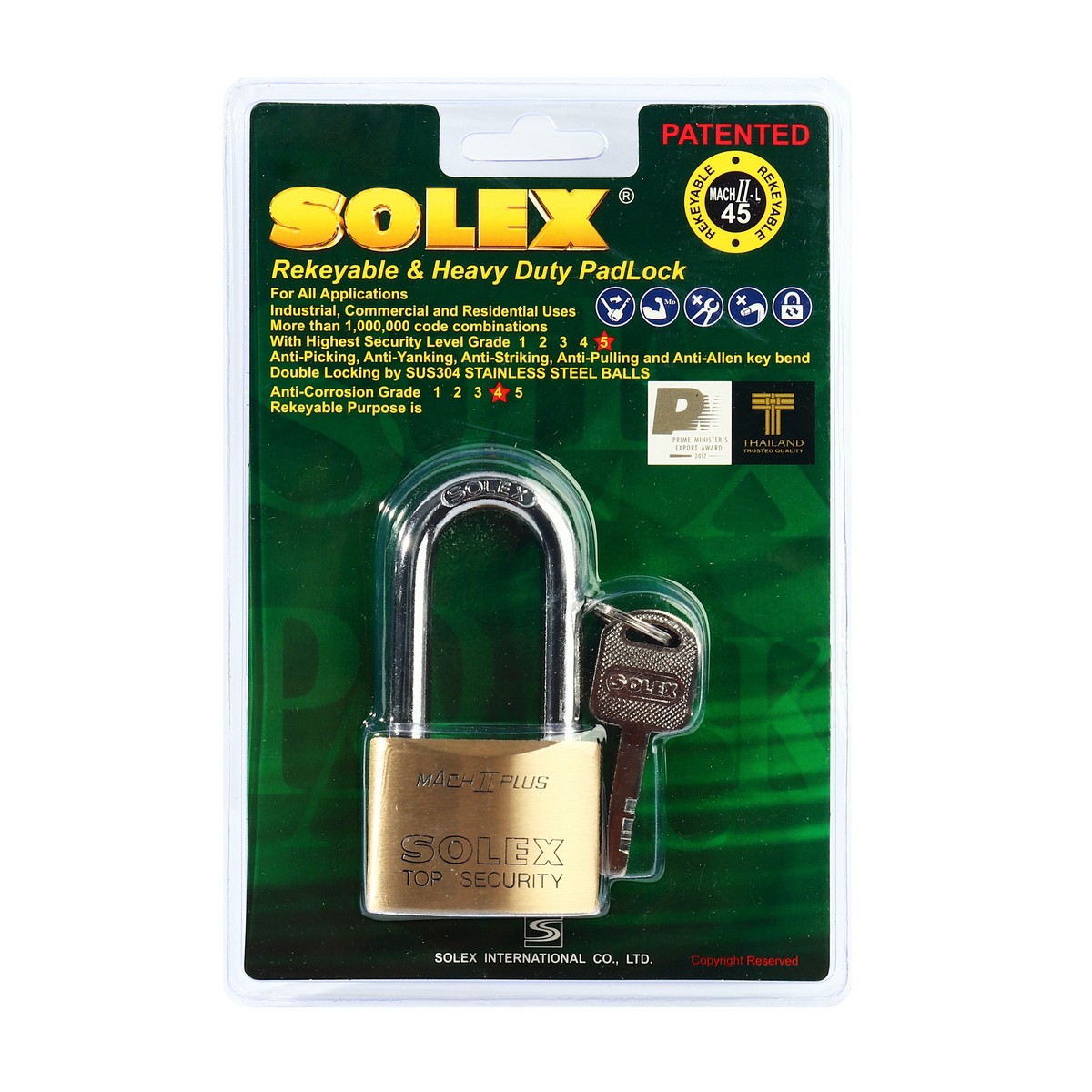แม่กุญแจคล้องคอยาว MACH II L 45MM. SOLEX ราคา ฿350.4