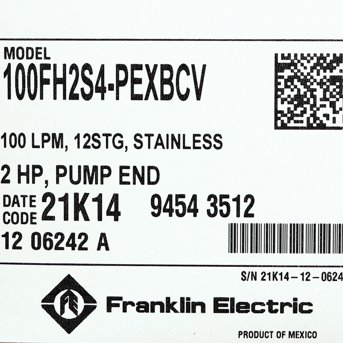 ชุด 2HP 12ใบ 220V 100FH2S4 W/Oฝาบ่อสายไฟ FRANKLIN รูปที่ 2
