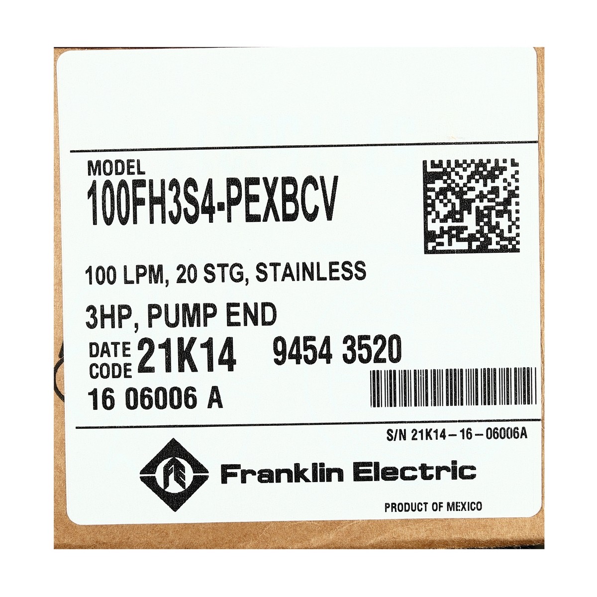 ชุด 3HP 20ใบ 220V 100FH3S4 W/Oฝาบ่อสายไฟ FRANKLIN รูปที่ 2