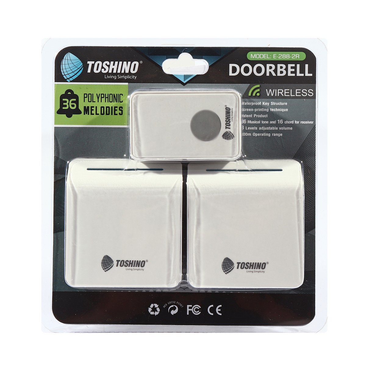 กระดิ่งไร้สาย 2 ตัวรับ 1 ตัวส่ง TOSHINO รุ่น E-288-2R ราคา ฿734.4